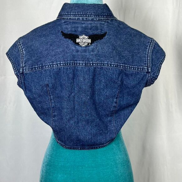 Vintage Harley-Davidson Cap Sleeve Denim Cropped Vest Jacket (Size S) - Picture 4 of 6